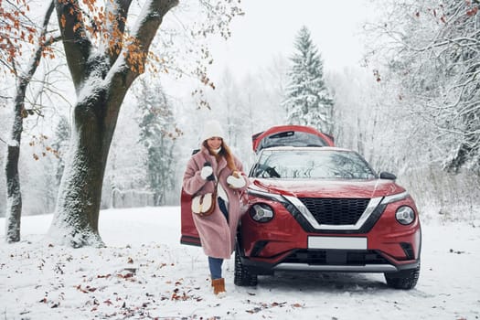 Having fun. Beautiful young woman is outdoors near her red automobile at winter time.