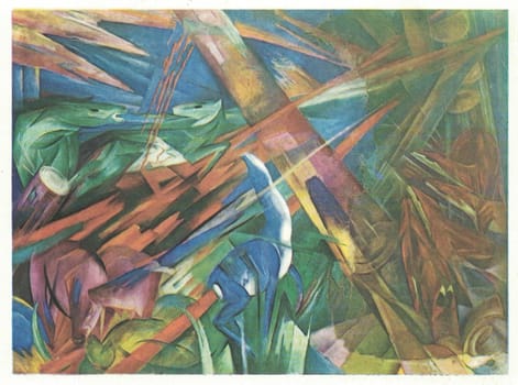 Fate of the Animals, 1913, oil on canvas. Fate of the Animals is a painting by Franz Marc created in 1913. It is oil on canvas. This work contrasts most of Marc's other works by presenting animals in a brutal way rather than depicting them in a peaceful manner. Marc's strong ties with animals as his subjects remains uncertain, but it is predicted to stem from his childhood dog.  Fate of the Animals remains one of Marc's most famous pieces and displays Der Blaue Reiter style that he co-founded with Wassily Kandinsky