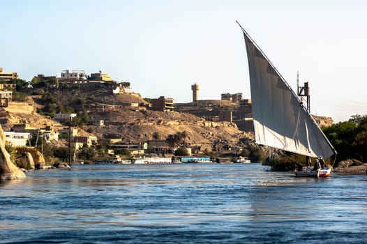 Abu Simbel, Aswan, Egypt - April 18 2008: Feluccas - traditional egyptian boat - on Nile river, Egypt.