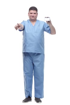 male medic showing his visit card. isolated on a white background.