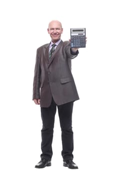 in full growth.business man with a calculator. isolated on a white background.