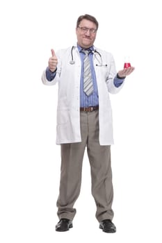 in full growth. General practitioner with a laboratory flask.isolated on a white background.