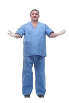 in full growth. doctor in protective gloves showing thumbs up. isolated on a white background.