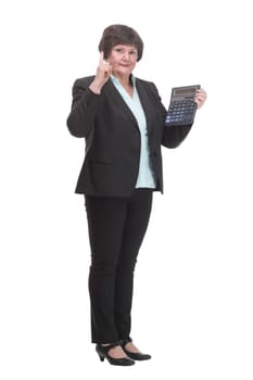 in full growth.smiling business woman with a calculator. isolated on a white background.