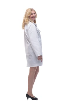 rear view . medical woman reading an ad on a white screen . isolated on a white background.