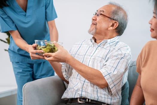 A female nurse serves a bowl of salad to a contented senior couple. Health care and medical assistance for the elderly, nursing home for pensioners.