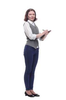 attractive mature woman with clipboard. isolated on a white background.