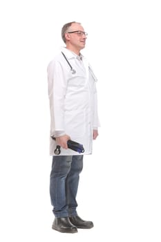 Male doctor holding blood pressure monitor on white background. Medical object