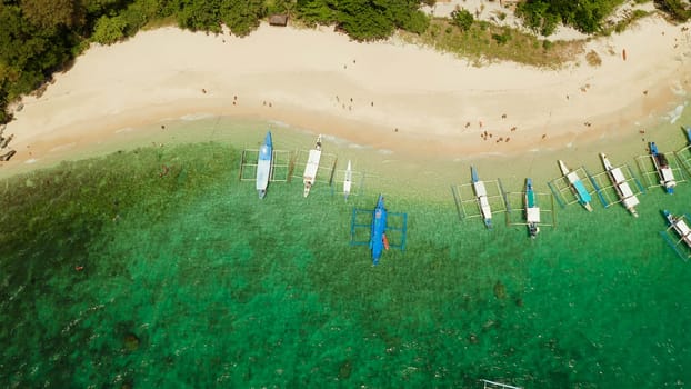 Aerial drone tropical island with sandy beach, green foliage and palm trees. Lagoon with azure and clear water. Helicopter Island in El Nido, Palawan Philippines. Summer and travel vacation concept