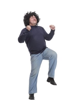full-length. cheerful mature man in a wig. isolated on a white background.
