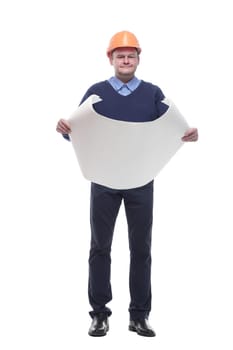 in full growth. male architect with drawings. isolated on a white background.