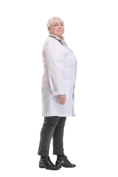 Side view of smiling medical doctor woman with stethoscope. Isolated over white background.