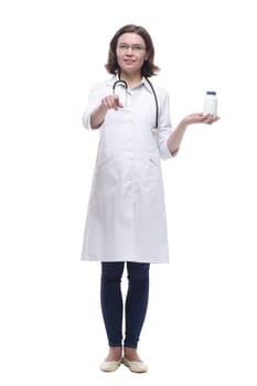 Mature female doctor with disinfectant in hand. isolated on a white background.