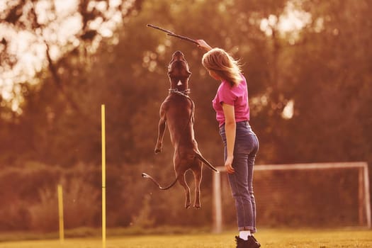 On sportive field. Woman in casual clothes is with pit bull outdoors.