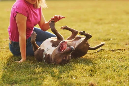 Playing on the ground. Woman in casual clothes is with pit bull outdoors.