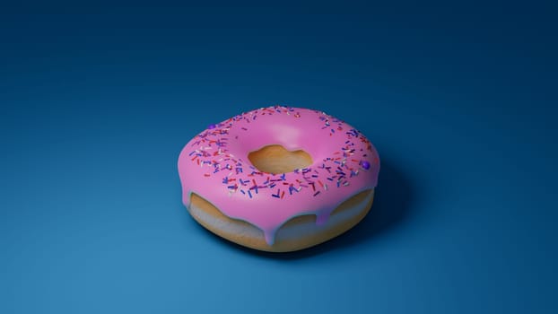 Delicious baked donut with pink fudge and colored sprinkles on a light dark blue background with a gradient. Pink fudge drips down the edges of the bread. Sprinkling of different shapes.