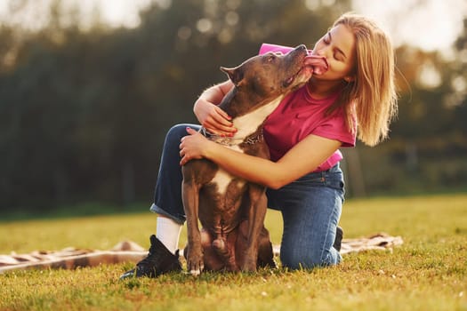 Friendship between human and animal. Woman in casual clothes is with pit bull outdoors.