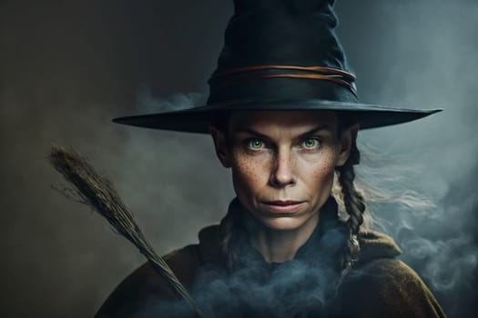 Witch with making witchcraft, magic spells, hat conjuring. Spooky dark magic forest . Magician. Wide Halloween party art design. Terrifying scary personage, beautiful sorceress.