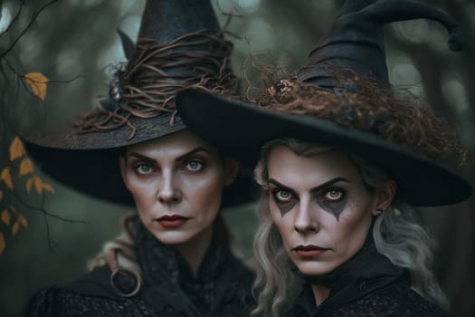 Witch with making witchcraft, magic spells, hat conjuring. Spooky dark magic forest . Magician. Wide Halloween party art design. Terrifying scary personage, beautiful sorceress.