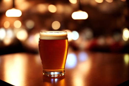 Cold glass of freshly poured beer on a table at the bar