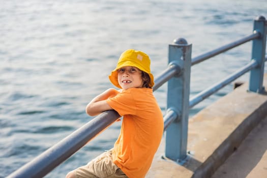 Portrait of Boy tourist with view of Golden Horn Bay, Istanbul, Turkey. Turkiye. Traveling with kids concept.
