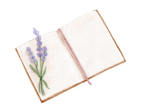 Open book with flower lavender. Hand drawn literature for reading and study. Watercolor illustration isolated on white.