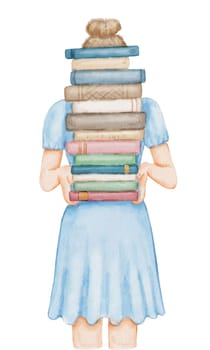 Young female student in dress holds stack of books. Girl with book in hands isolated on white. Watercolor illustration