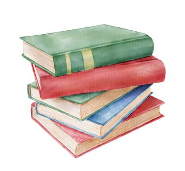 Stack of books. Hand drawn literature for reading and study. Watercolor illustration isolated on white background.