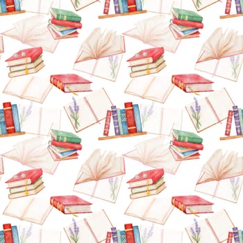 Seamless pattern with stack of books. Hand drawn literature for reading and study. Watercolor background on white.