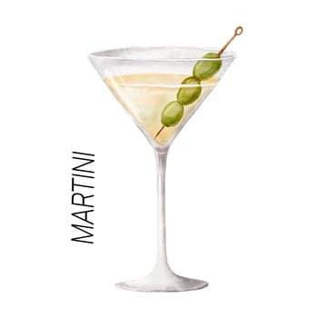 Martini cocktail. Watercolor illustration of drink in glass isolated on white background