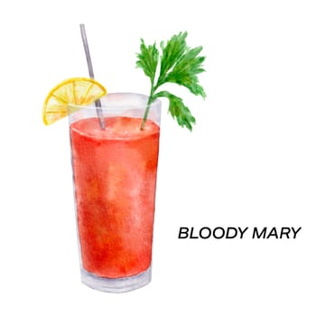 Bloody mary cocktail. Watercolor illustration of drink in glass isolated on white background