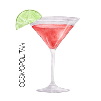 Cosmopolitan cocktail. Watercolor illustration of drink in glass isolated on white background