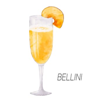 Bellini cocktail. Watercolor illustration of drink in glass isolated on white background