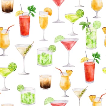 Seamless pattern with cocktails. Watercolor endless background with drink in glass isolated on white background