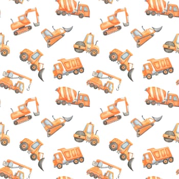 Watercolor seamless pattern with construction equipment on white background. Pattern with orange machines for children's textiles and packaging. Excavator, concrete mixer and truck.