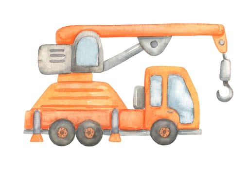 Construction truck with crane. Watercolor illustration isolated on white background. Childish cute construction vehicle