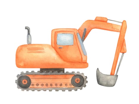 Construction excavation. Watercolor illustration isolated on white background. Childish cute construction vehicle