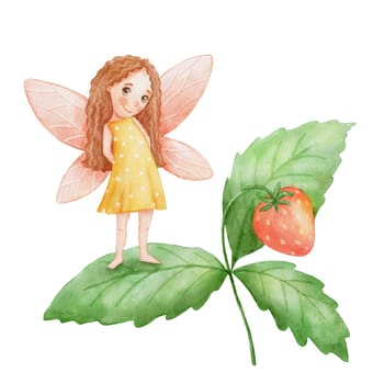 Cute little fairy stands on strawberry leaf. Watercolor illustration for kid isolated on white background.