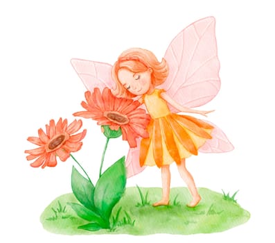 Cute little fairy stands with flower. Watercolor illustration for kid isolated on white background.