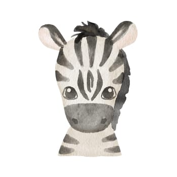 Cute portrait zebra head in cartoon style. Drawing african baby wild face isolated on white background. Watercolor sweet leopard for kids poster and card.