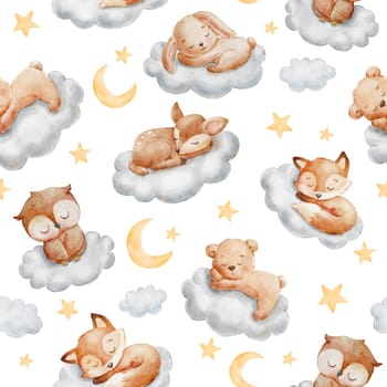 Watercolor seamless pattern for childish bed linen or pajamas. Cute dreaming woodland animals on cloud. Baby bear, fox, owl and deer on white