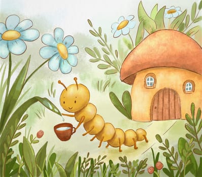 Cute yellow caterpillar pours dew from flower next to house in grass. Childish book illustration, poster and postcard
