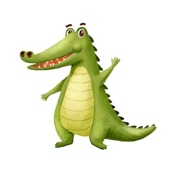 Cute Crocodile waving hand. Funny Alligator isolated on white. Cartoon hand drawn Illustration. Green Animal Character