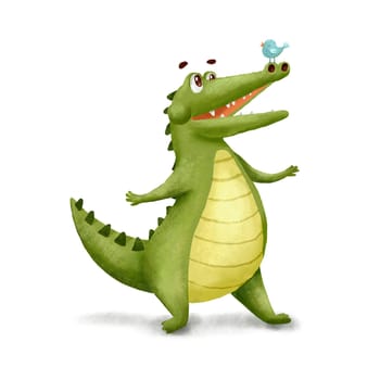 Cute Crocodile and little bird. Funny Alligator isolated on white. Cartoon hand drawn Illustration. Green Animal Character