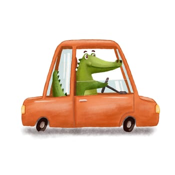 Cute Crocodile driving red car. Funny Alligator isolated on white. Cartoon hand drawn Illustration.