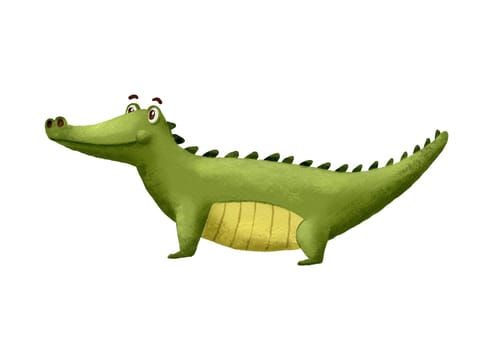 Cute Crocodile. Funny Alligator isolated on white. Cartoon hand drawn Illustration. Green Animal Character