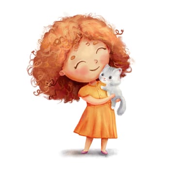 Cute girl in yellow dress holds small gray kitten in her arms. Funny hand drawn character in cartoon style isolated on white