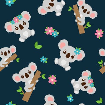 Seamless pattern with cute baby koala with floral wreath sitting. Australian animal on dark . Flat illustration isolated on white.