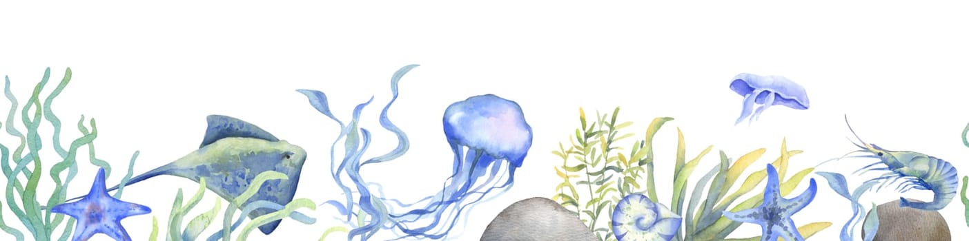 Watercolor jellyfish, stingray, algae and starfish. Seamless border on marine underwater theme. Hand drawn seabed