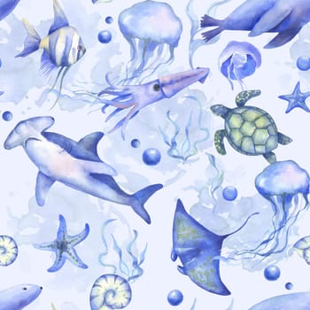 Watercolor shark, squid, turtle and jellyfish. Seamless pattern on the marine underwater theme. Ocean animals